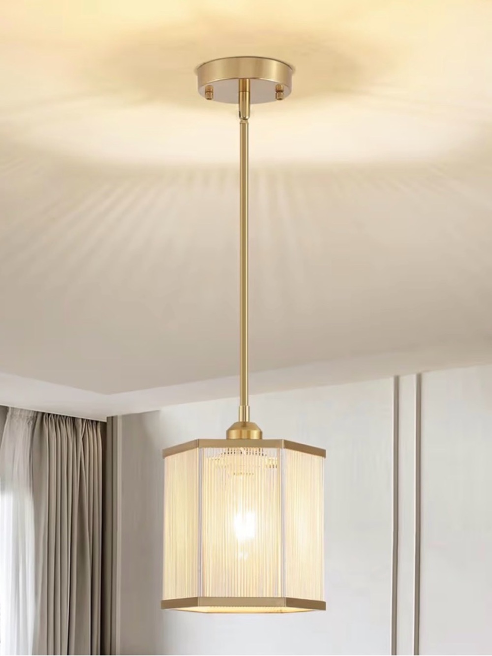 Jute Rope Pendant Light Hexagon Boho Farmhouse Gold Hanging Light NEW